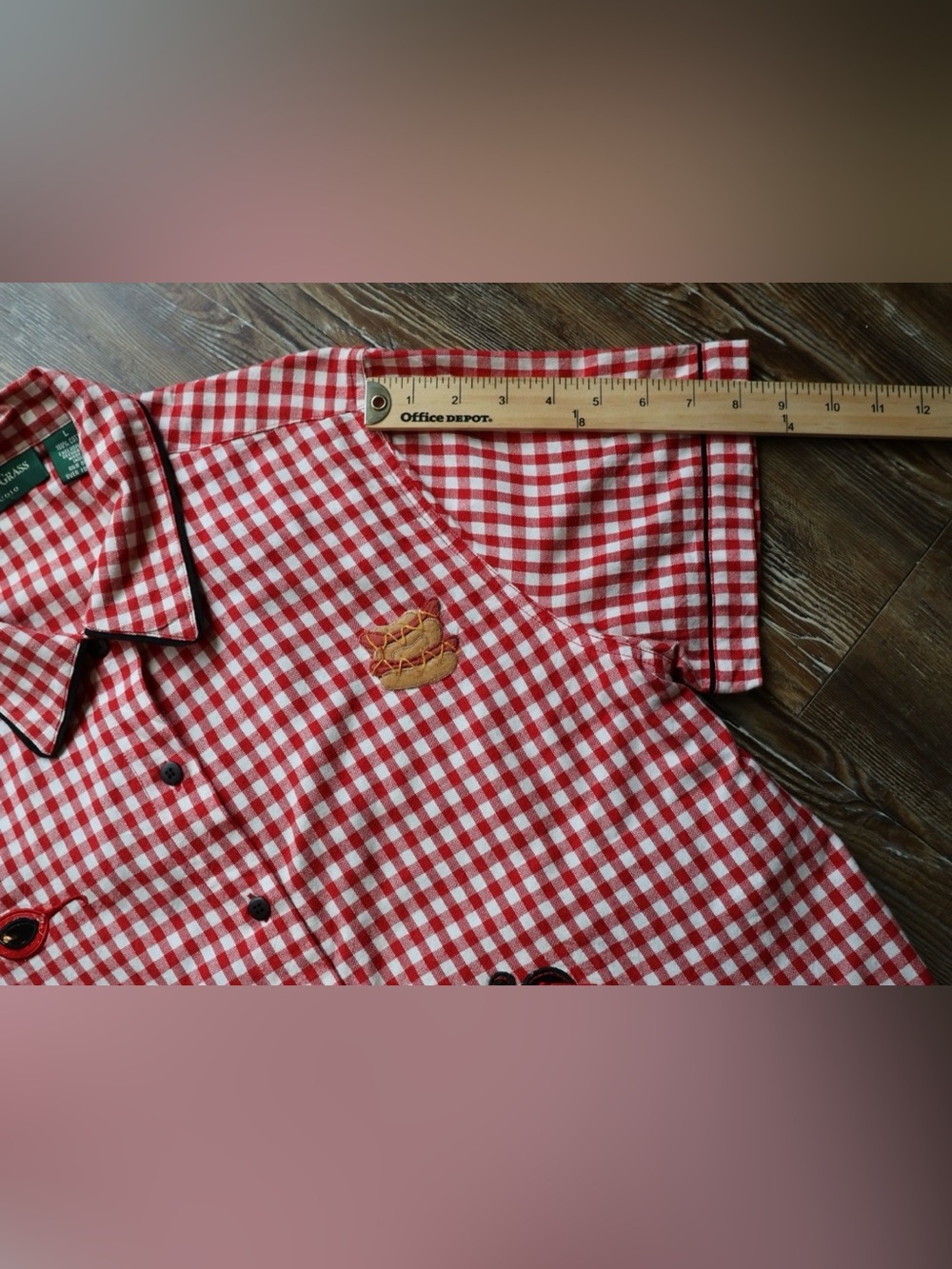 Red Gingham Picnic Novelty Applique Rockabilly Blouse Top Womens Large - Picture 14 of 16